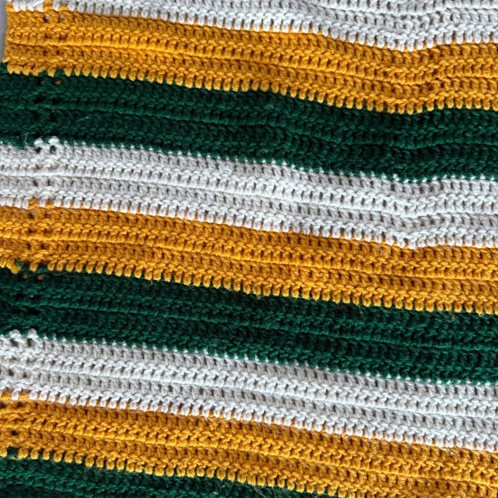 Handmade Crochet Blanket Throw Unisex 64x40 Green Yellow White Striped Packers